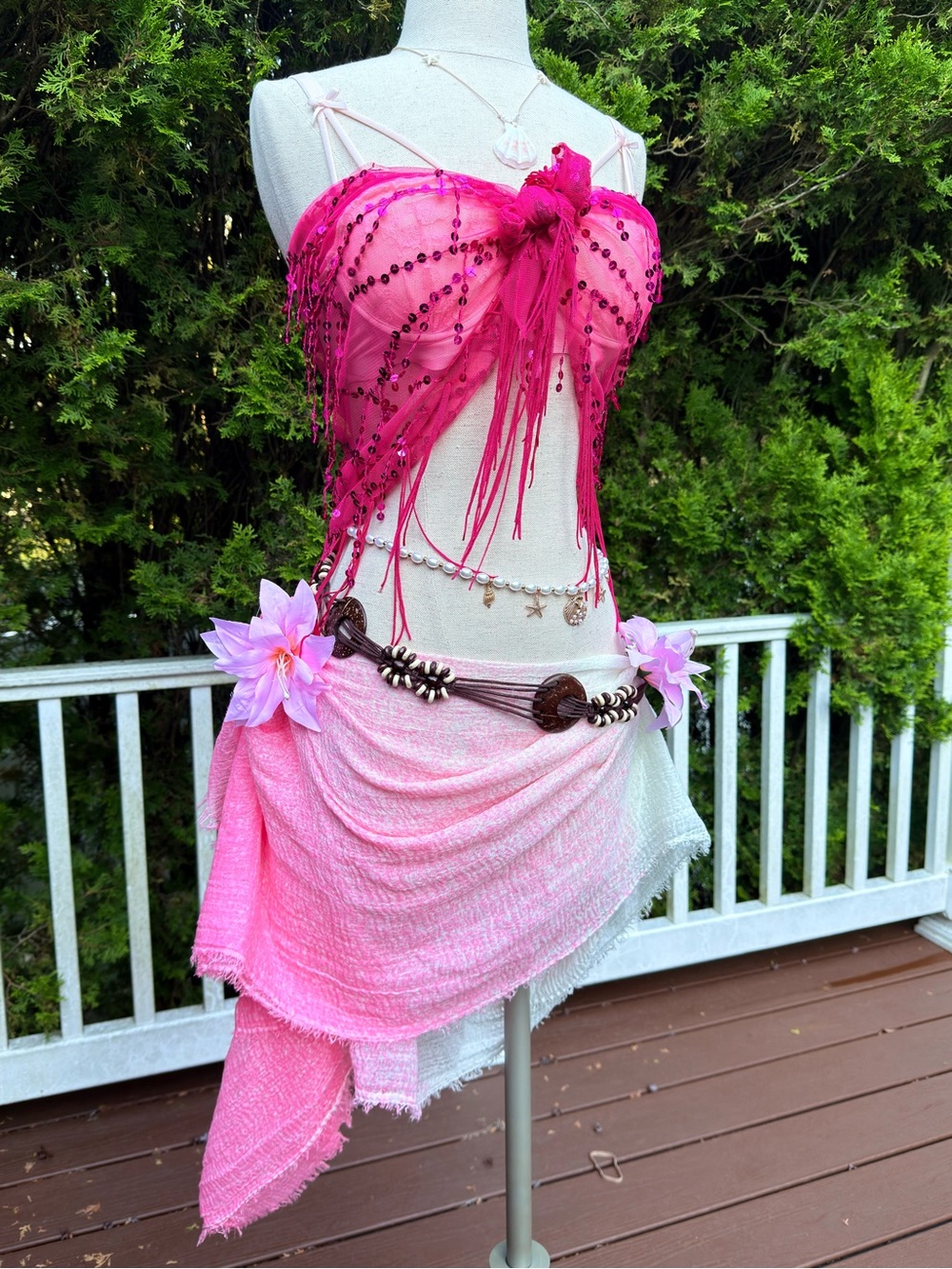Pink Fairy Sequin Fringe Seashell Bikini Top with Pink & White Ombré Sarong Set